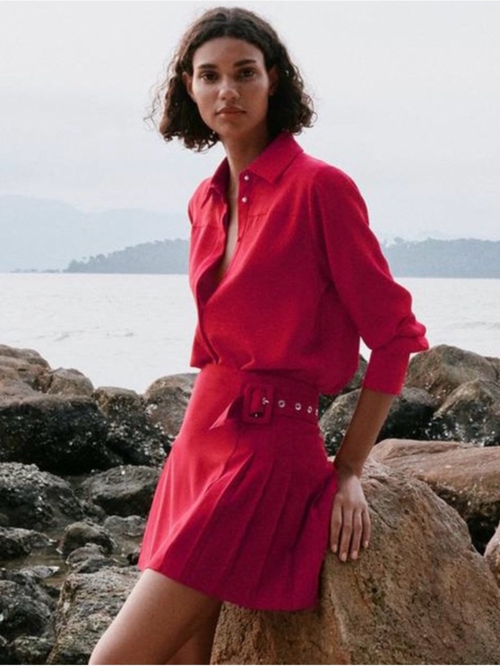 Zara Hot Pink Button-Front Belted Shirt Dress